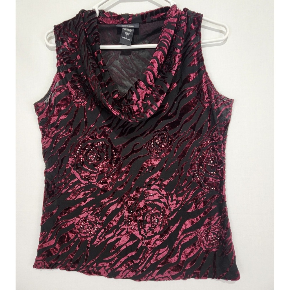 Express Vintage Women's Y2K Velvet Burgundy Rhinestone‎ Size L